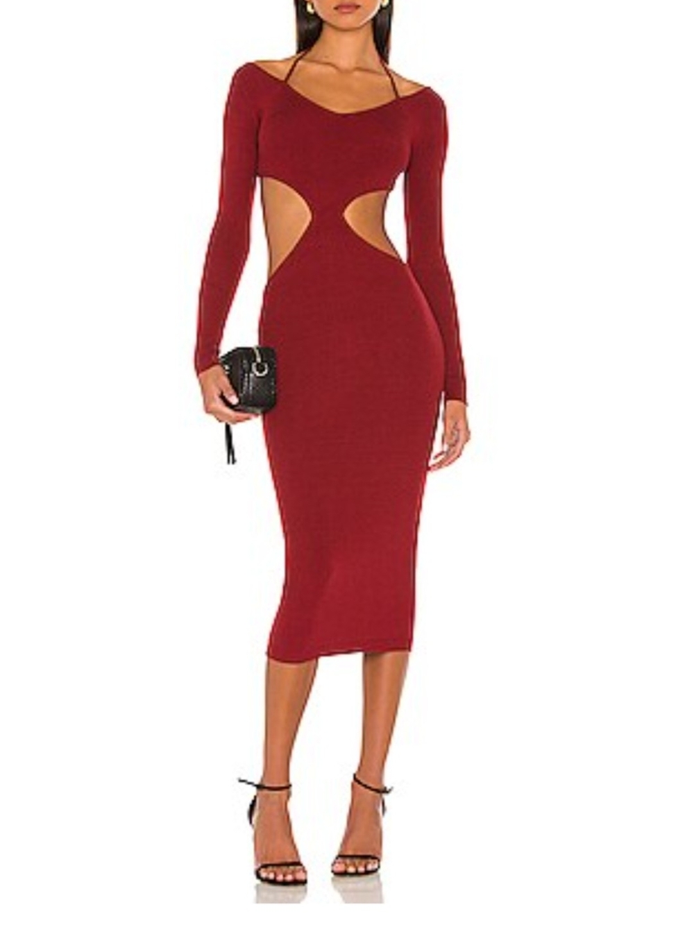 NBD Burgundy Long Sleeve Cutout Bodycon Midi Dress